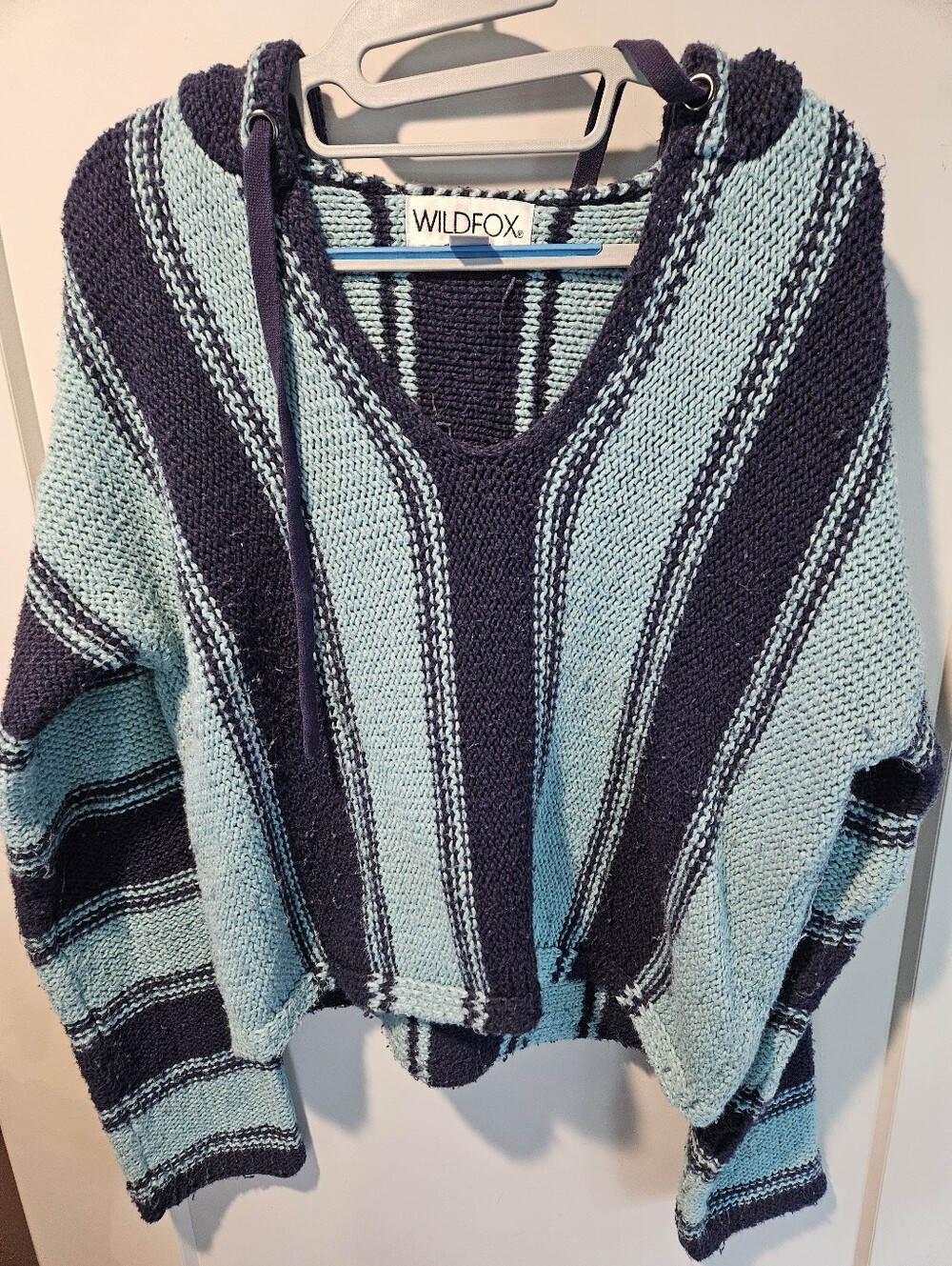 Wildfox Blue & Navy Striped Cropped Baja Hoodie Sweater 100% Cotton